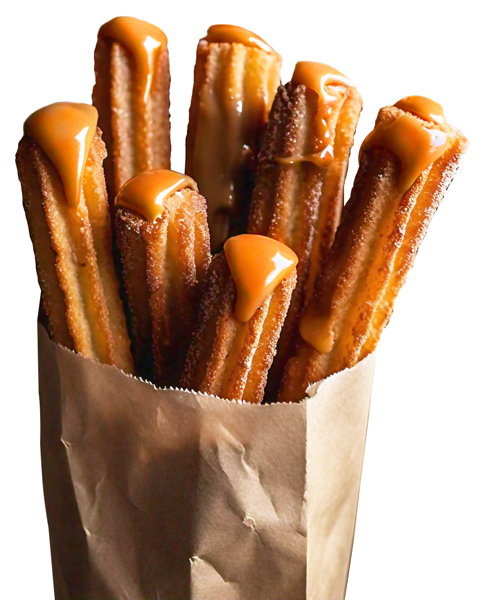 Churros con dulce de leche en bolsa de papel, listos para servir